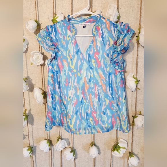 Vibrant Multicolor Ruffle Sleeve Blouse - Picture 1 of 1